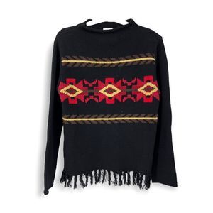 Vintage 90s Sweater Roll neck Aztec Tribal fringe Knit Black Brown red Large